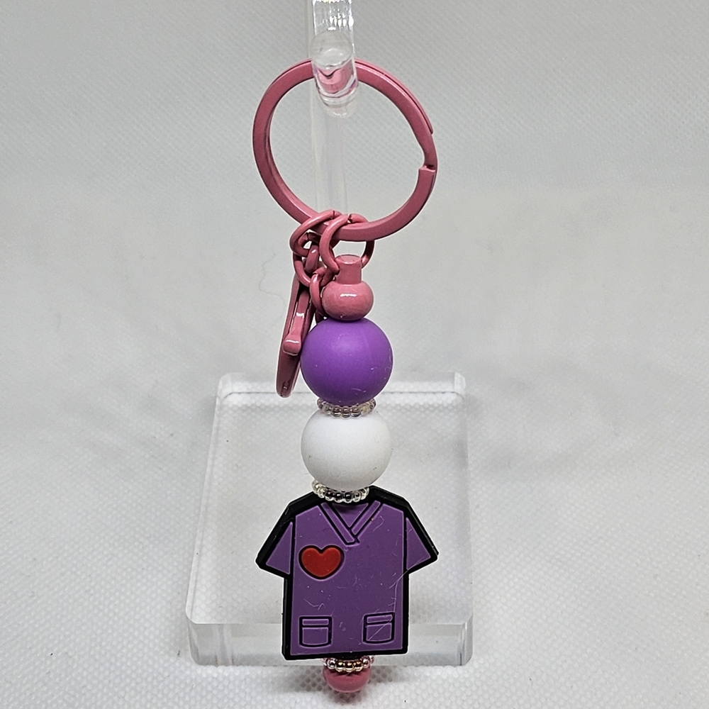 NWT Nursing Purple Scrub Shirt Bling and Beaded Pink Metal Keychain